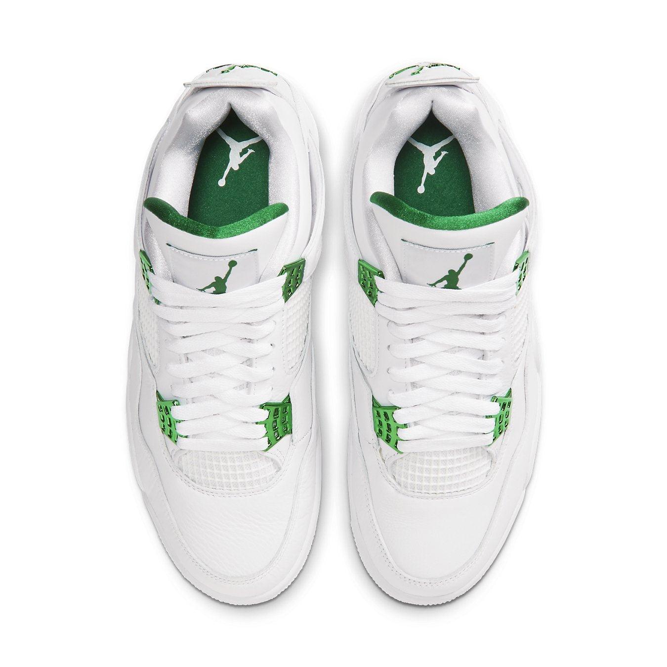 Air Jordan 4 Retro Metallic Green sneakers showcasing iconic design with green accents on a white background.