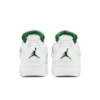 Rear view of Air Jordan 4 Retro Metallic Green sneakers with white and metallic green accents.
