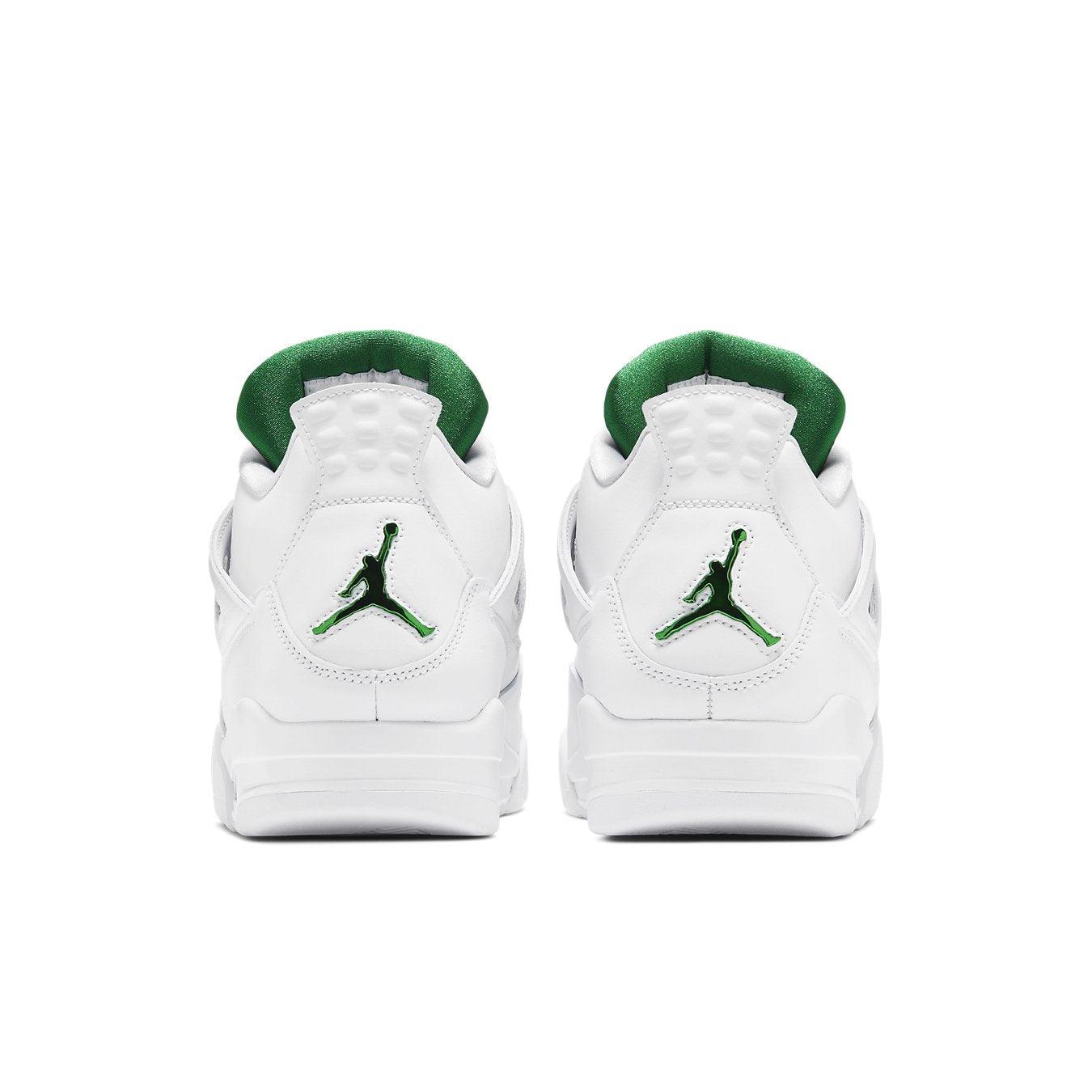 Rear view of Air Jordan 4 Retro Metallic Green sneakers with white and metallic green accents.