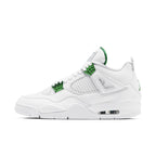 Air Jordan 4 Retro Metallic Green sneaker featuring white upper with green metallic accents.
