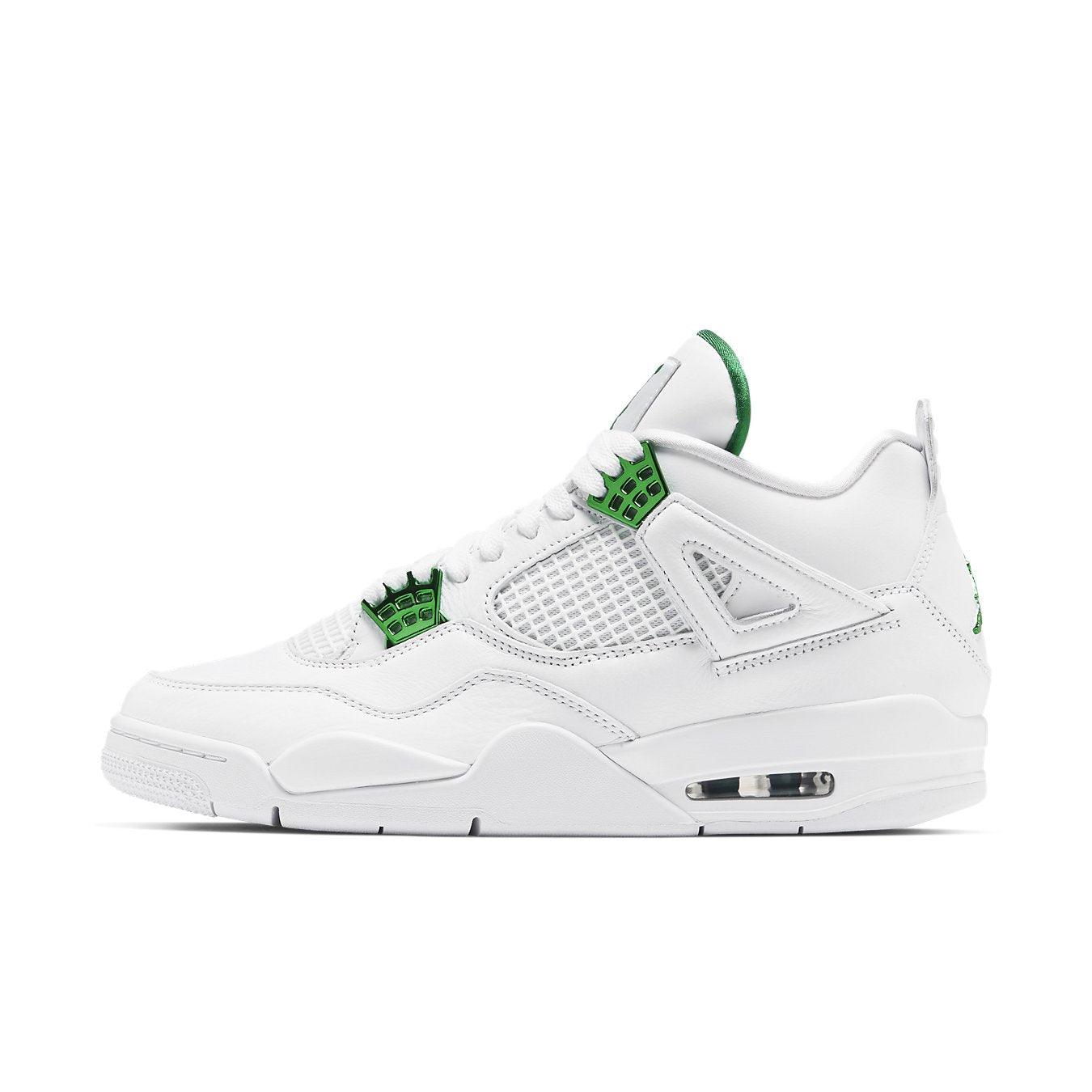 Air Jordan 4 Retro Metallic Green sneaker featuring white upper with green metallic accents.
