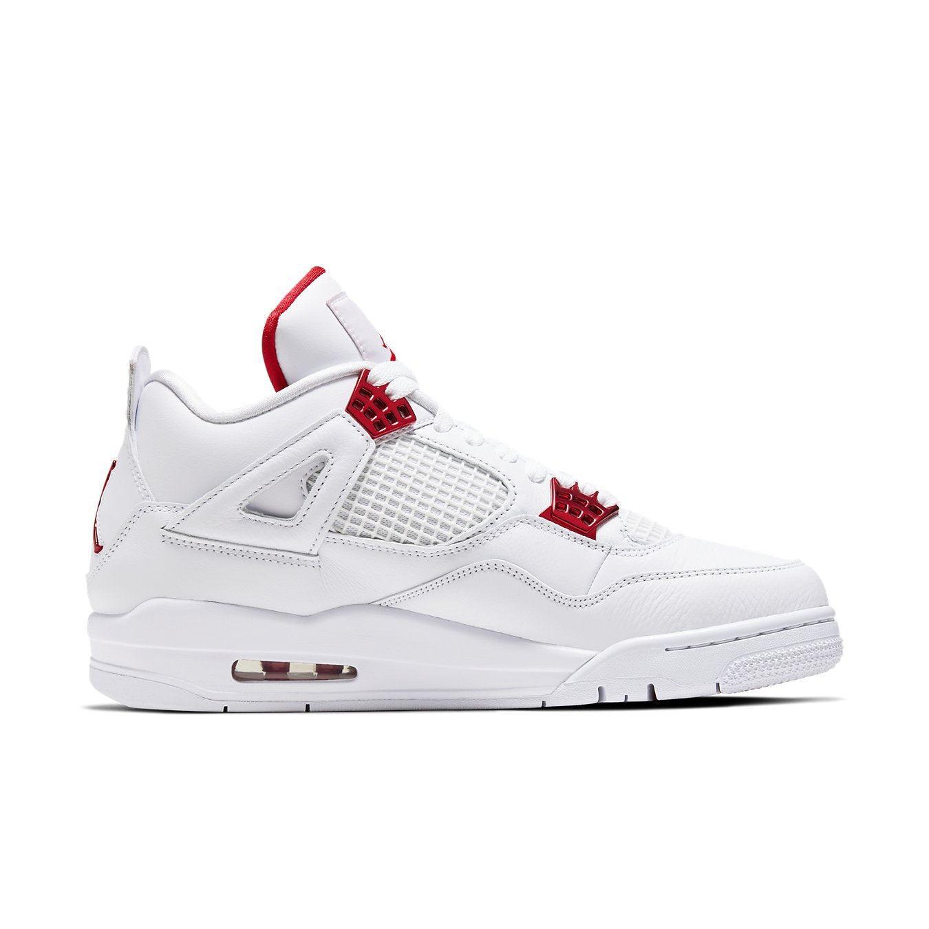 Air Jordan 4 Retro Metallic Red sneakers in white and red, featuring premium leather and mesh design.