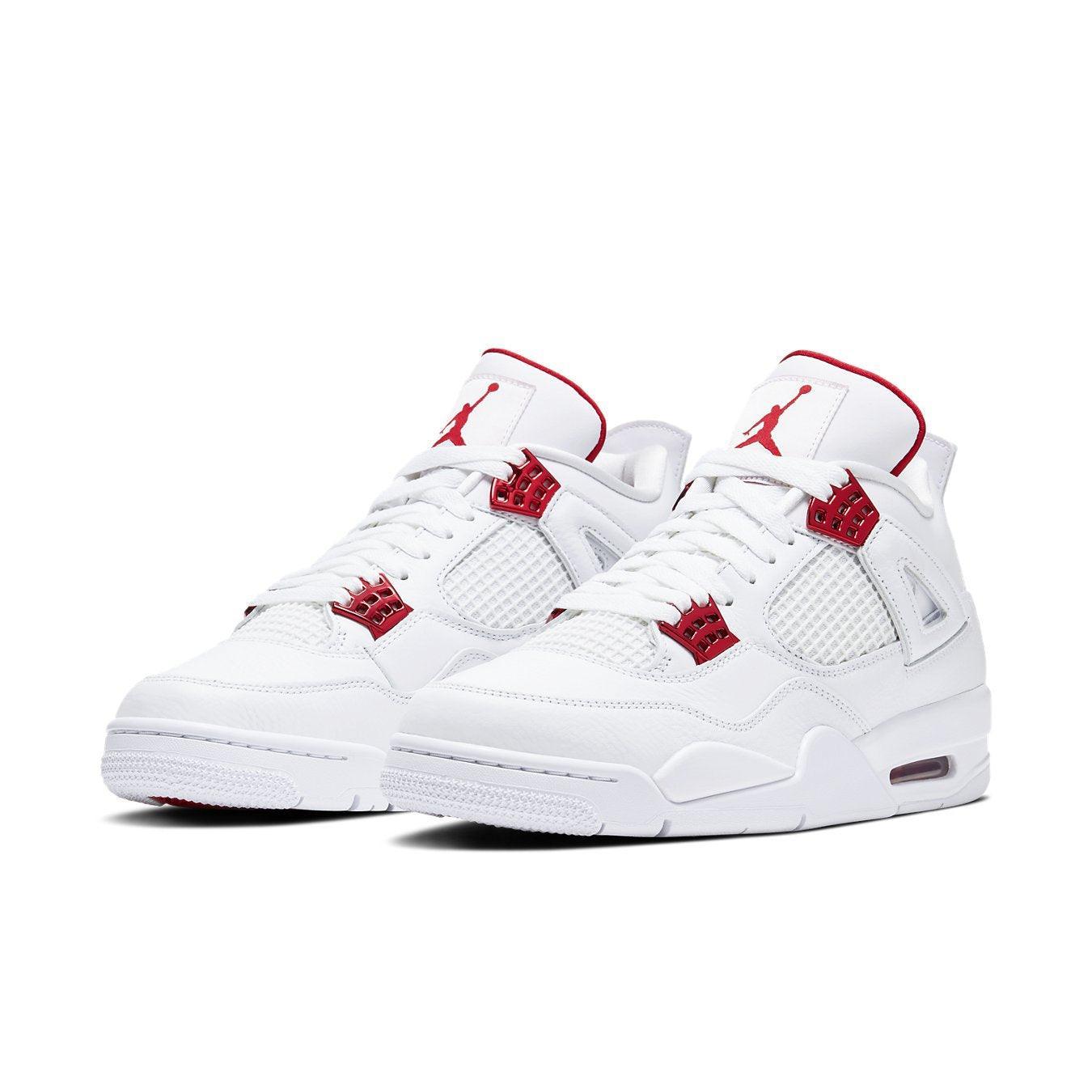 Air Jordan 4 Retro Metallic Red sneakers in white leather with red accents and mesh upper, featuring a reliable rubber sole.