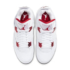 Air Jordan 4 Retro Metallic Red sneaker top view showcasing white leather and metallic red accents.