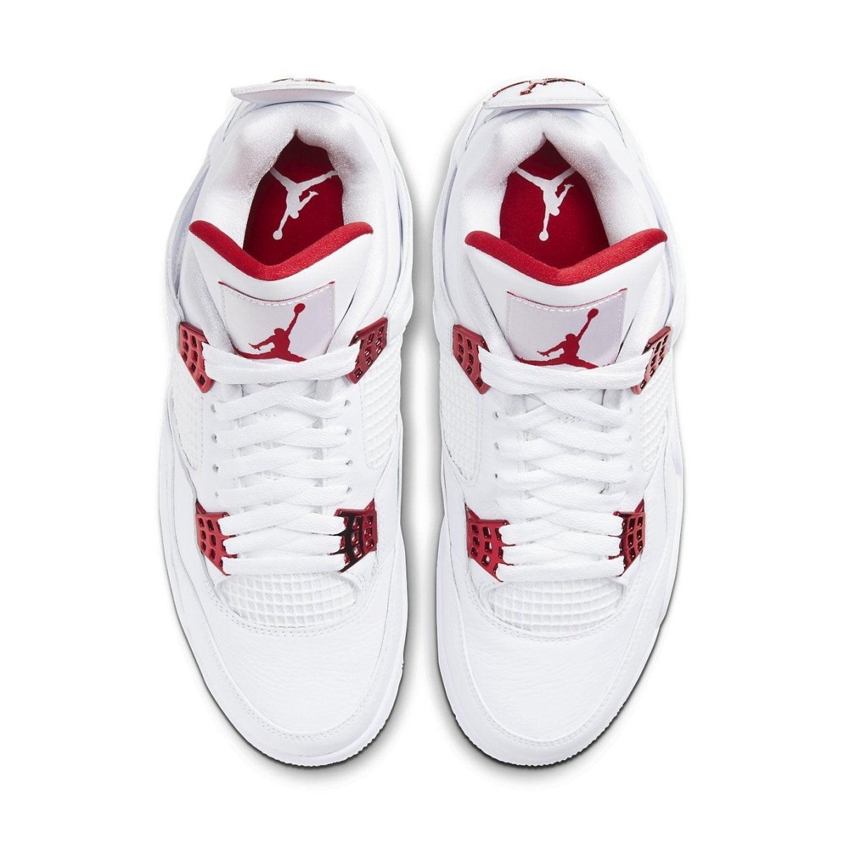 Air Jordan 4 Retro Metallic Red sneaker top view showcasing white leather and metallic red accents.