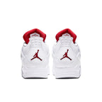 Rear view of Air Jordan 4 Retro Metallic Red sneakers featuring white leather and red accents.
