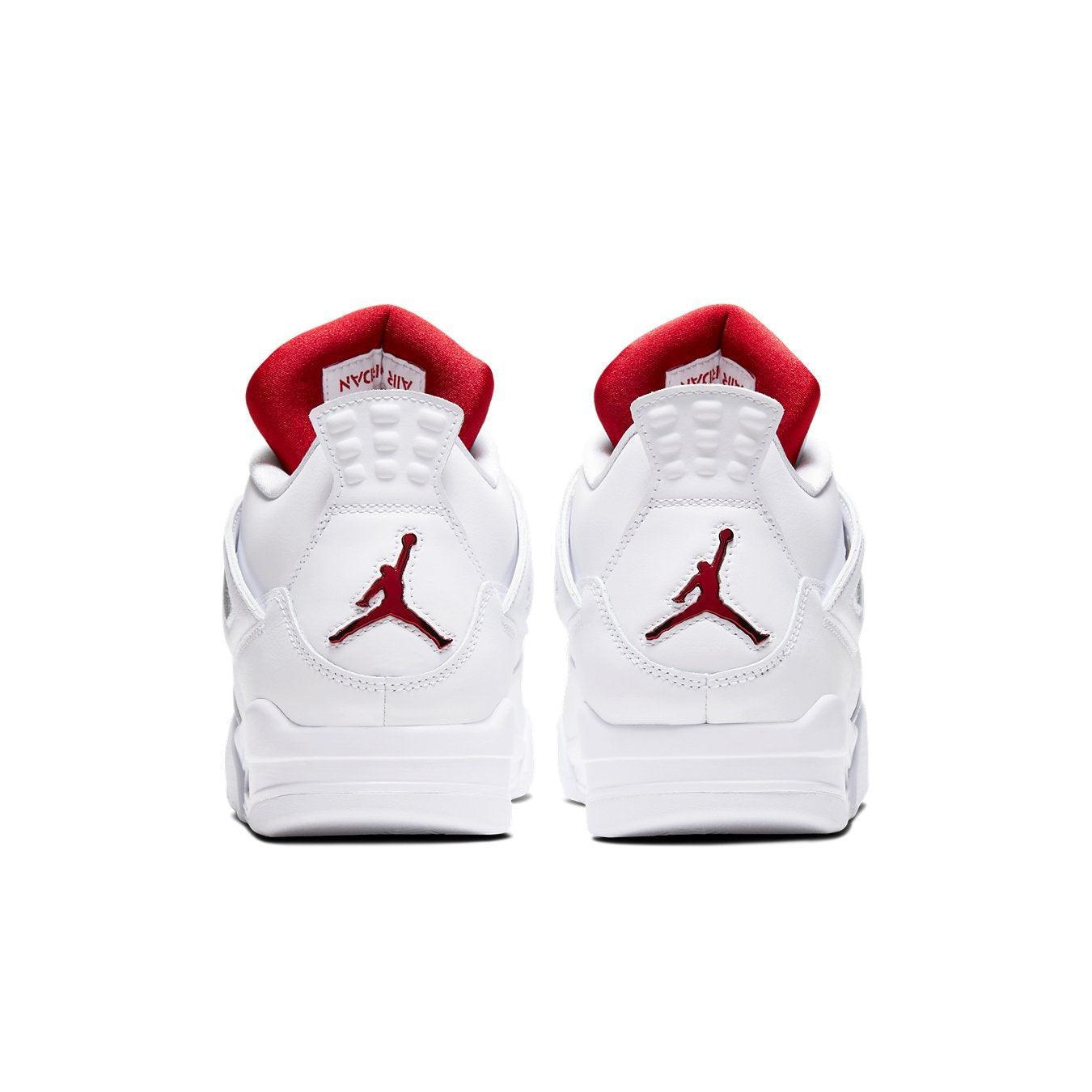 Rear view of Air Jordan 4 Retro Metallic Red sneakers featuring white leather and red accents.