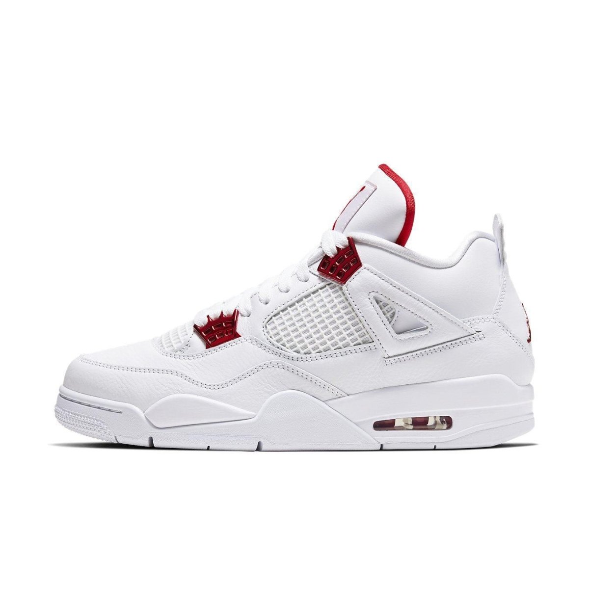 Air Jordan 4 Retro Metallic Red in white with red accents and breathable mesh design.