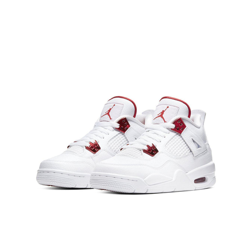 Air Jordan 4 Retro Metallic Red GS sneakers in white with red accents, featuring iconic design and style.