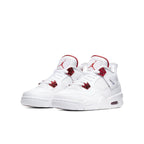 Air Jordan 4 Retro Metallic Red GS sneakers in white with red accents, featuring iconic design and style.