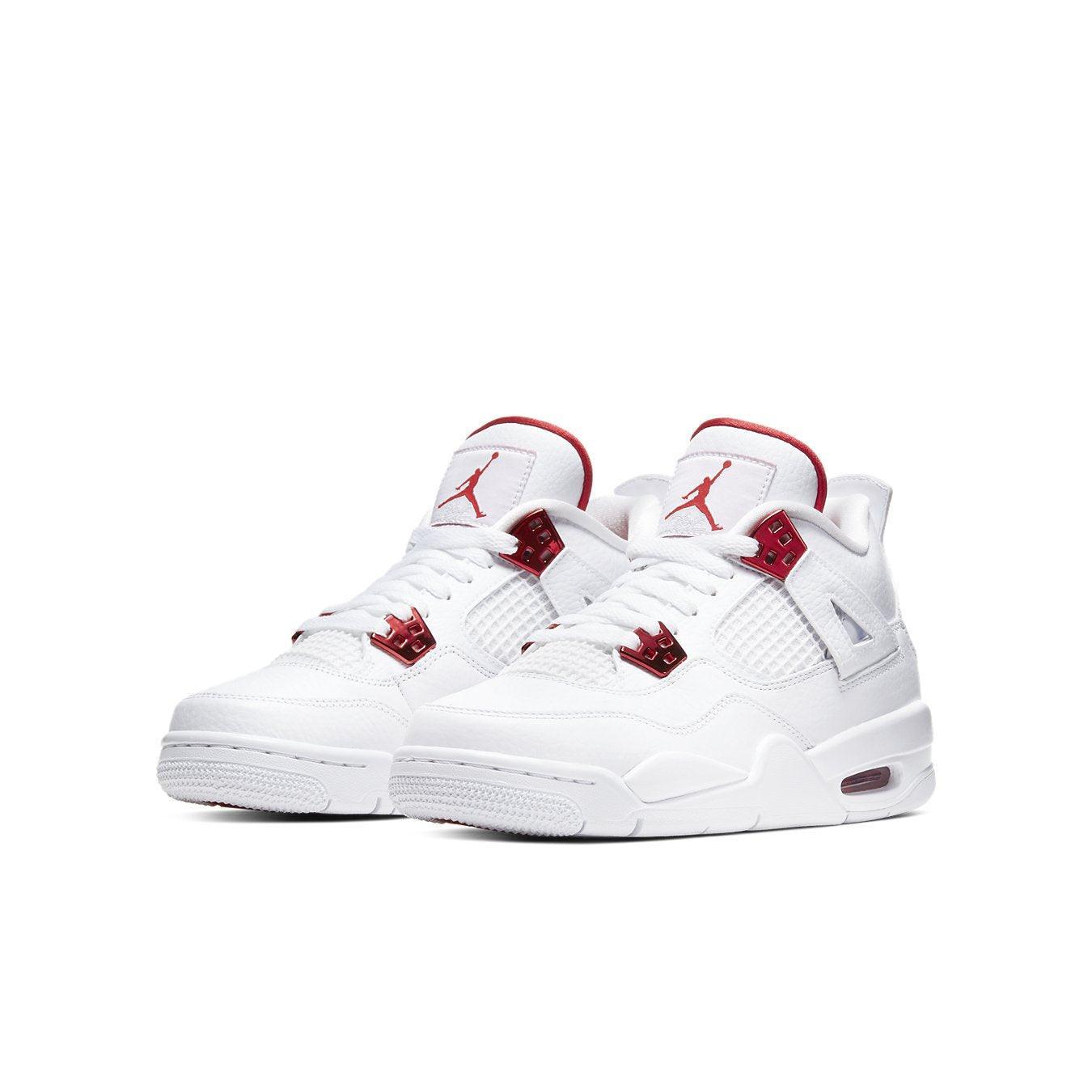 Air Jordan 4 Retro Metallic Red GS sneakers in white with red accents, featuring iconic design and style.