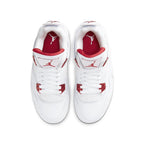 Air Jordan 4 Retro Metallic Red GS shoes, white with red accents, showcasing the iconic silhouette from above.