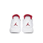 View of the back of Air Jordan 4 Retro Metallic Red (GS) featuring white leather and red accents.