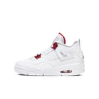 Jordan 4 Retro Metallic Red GS sneaker featuring white leather and vibrant red accents.