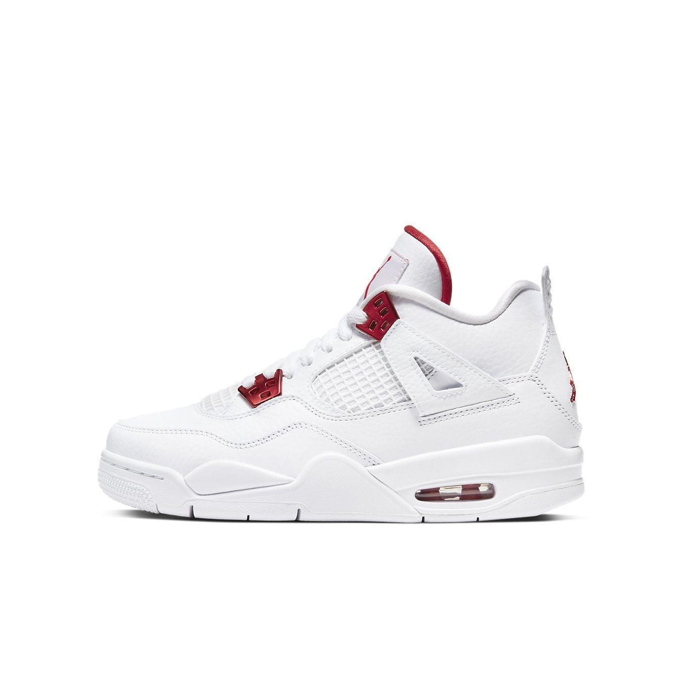 Jordan 4 Retro Metallic Red GS sneaker featuring white leather and vibrant red accents.