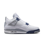 Air Jordan 4 Retro Midnight Navy sneaker featuring a white upper with navy and grey accents.