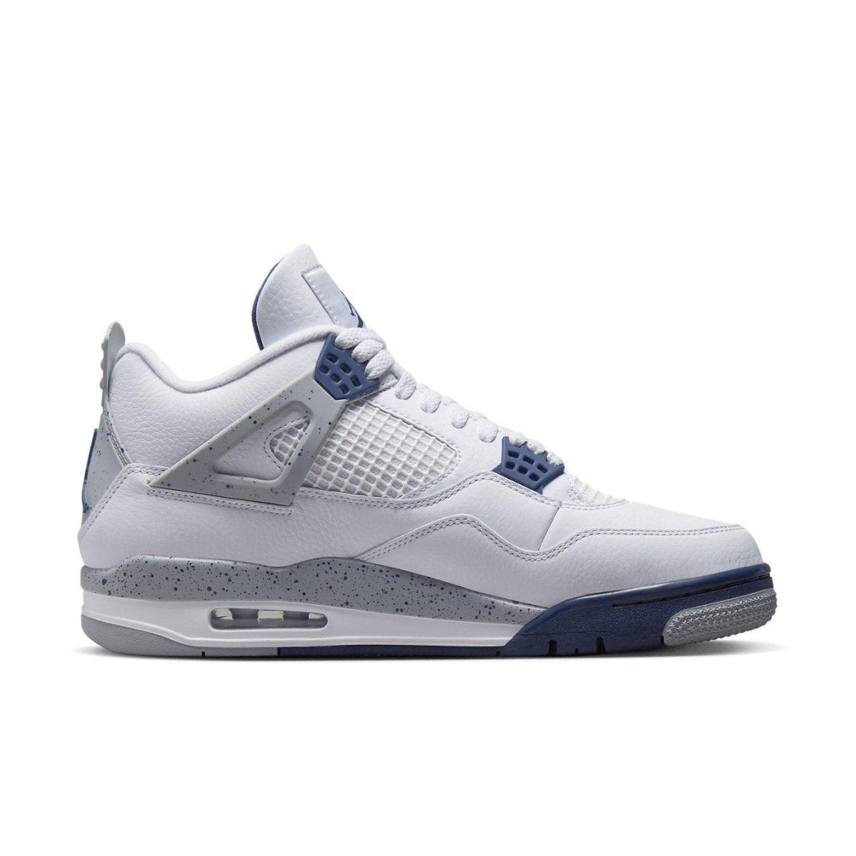 Air Jordan 4 Retro Midnight Navy sneaker featuring a white upper with navy and grey accents.