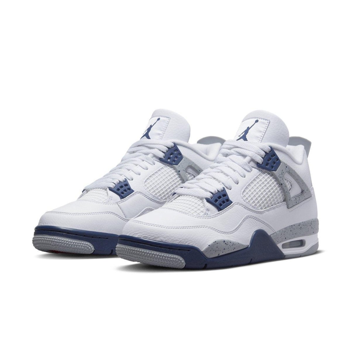 Air Jordan 4 Retro Midnight Navy featuring a white leather upper and navy blue accents.