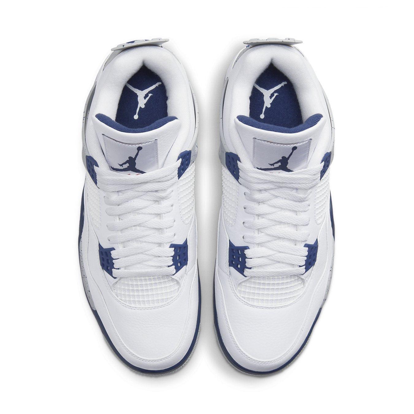 Top view of Jordan 4 Retro Midnight Navy with white leather and dark blue accents.