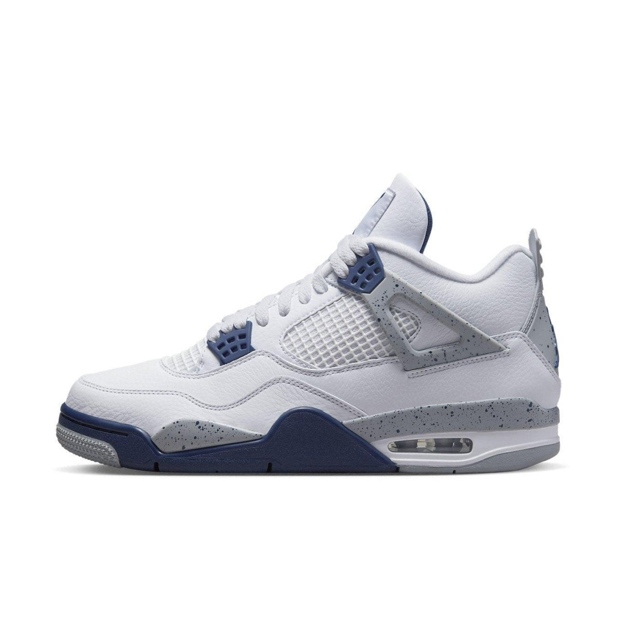 Air Jordan 4 Retro Midnight Navy featuring white leather upper, black accents, and dark navy details.