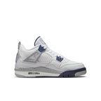 Air Jordan 4 Retro Midnight Navy GS sneaker in white leather with navy and grey accents, featuring iconic design elements.