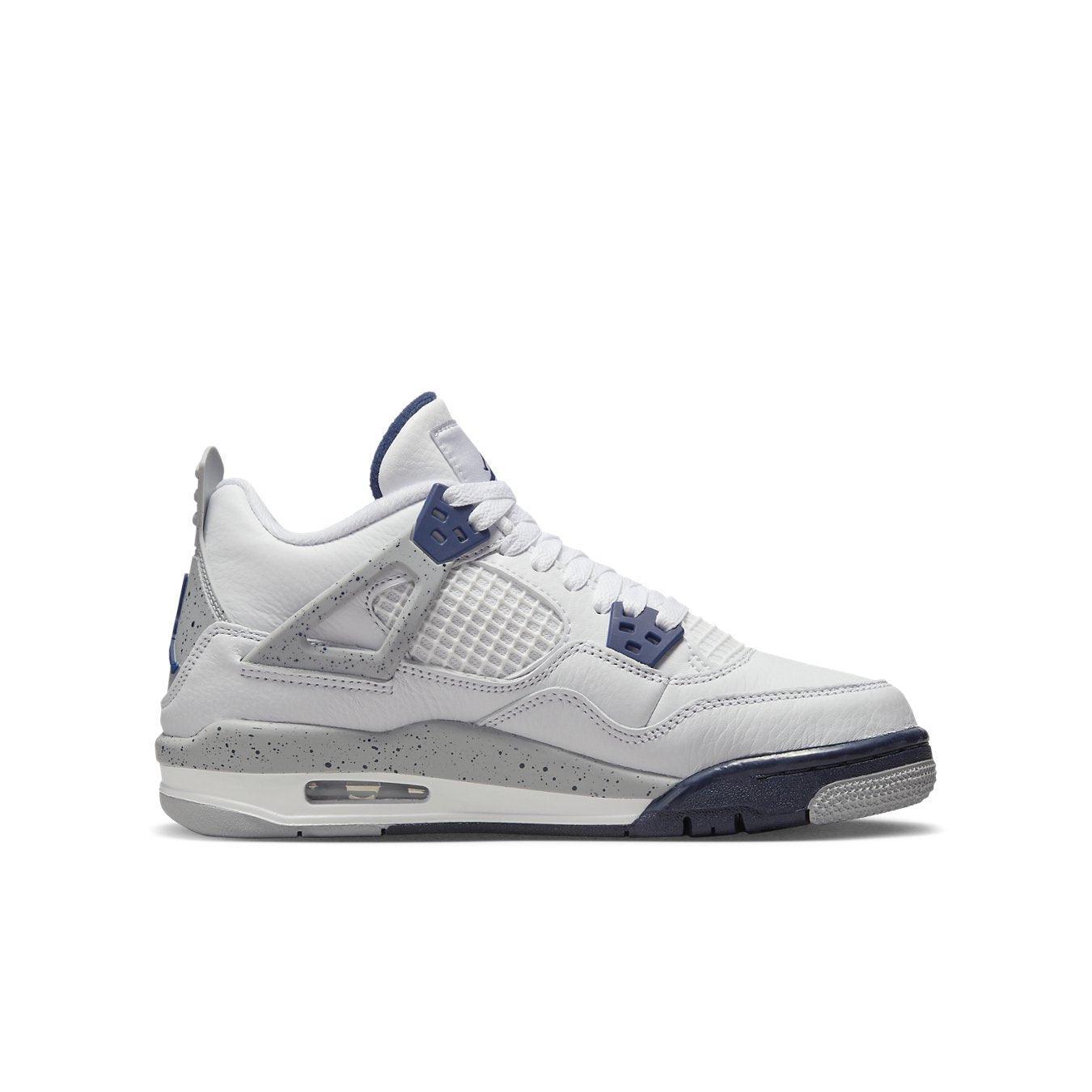 Air Jordan 4 Retro Midnight Navy GS sneaker in white leather with navy and grey accents, featuring iconic design elements.