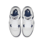 Air Jordan 4 Retro Midnight Navy GS shoes, featuring a white leather upper with dark navy accents.
