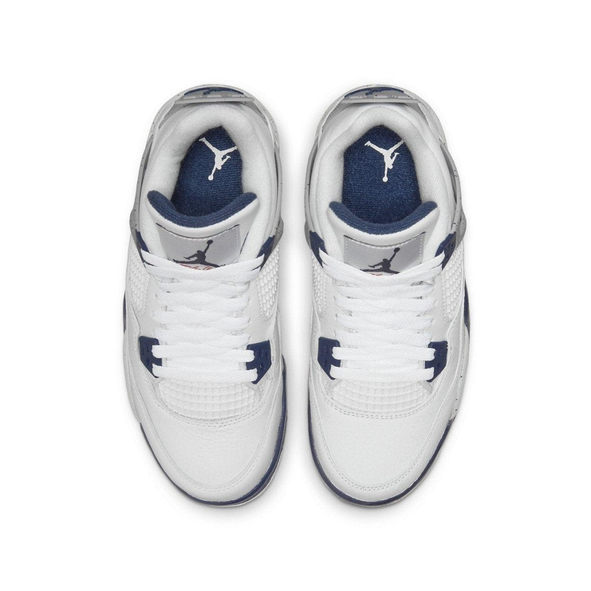 Air Jordan 4 Retro Midnight Navy GS shoes, featuring a white leather upper with dark navy accents.