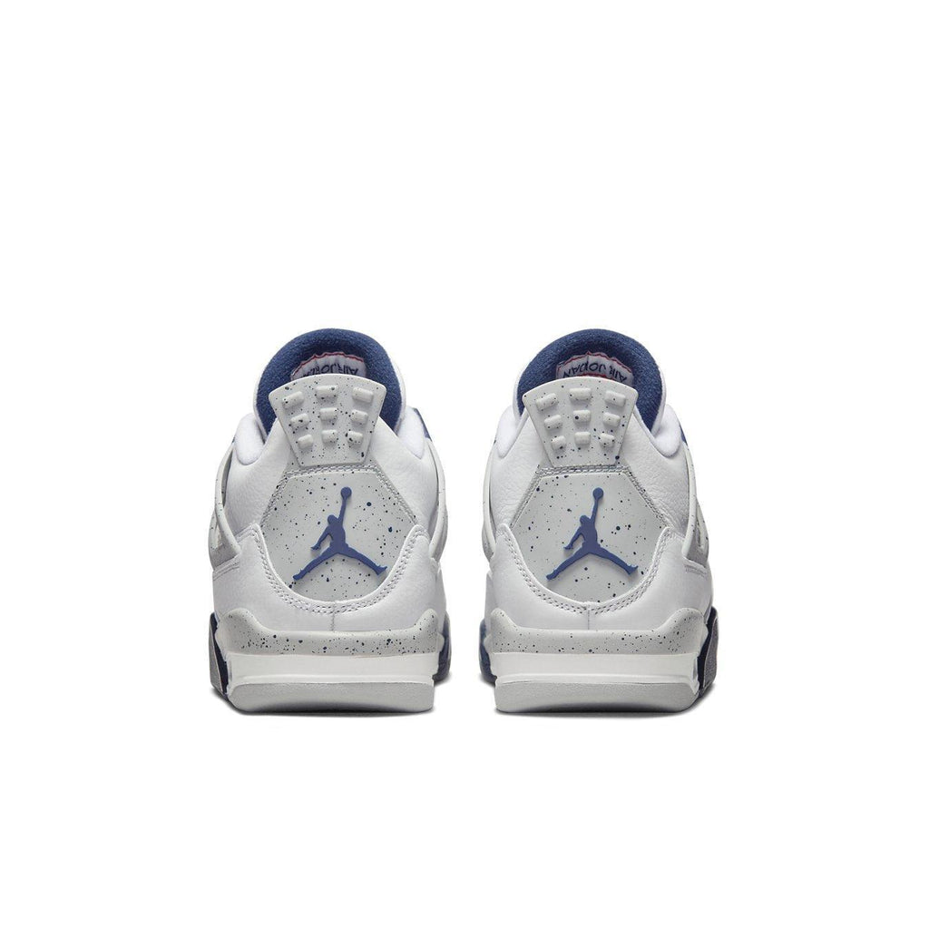 Air Jordan 4 Retro Midnight Navy GS rear view with white leather, navy accents, and Jumpman logo.