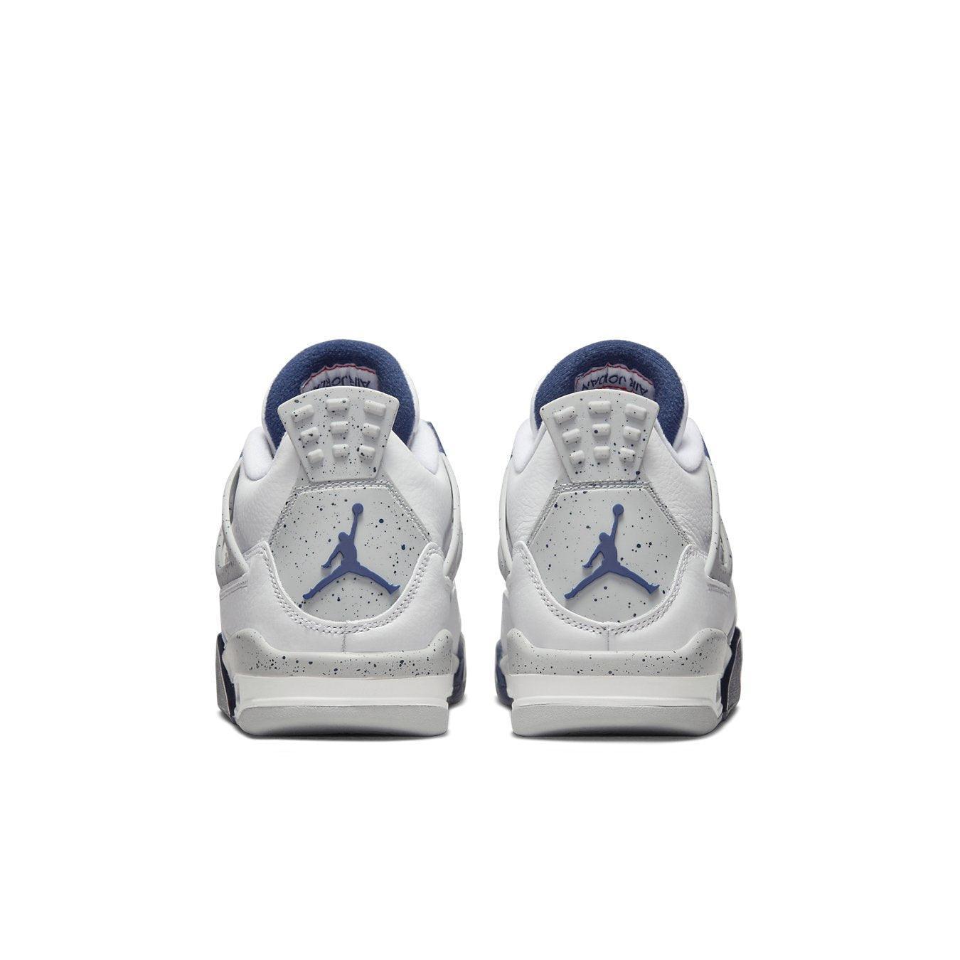 Air Jordan 4 Retro Midnight Navy GS rear view with white leather, navy accents, and Jumpman logo.