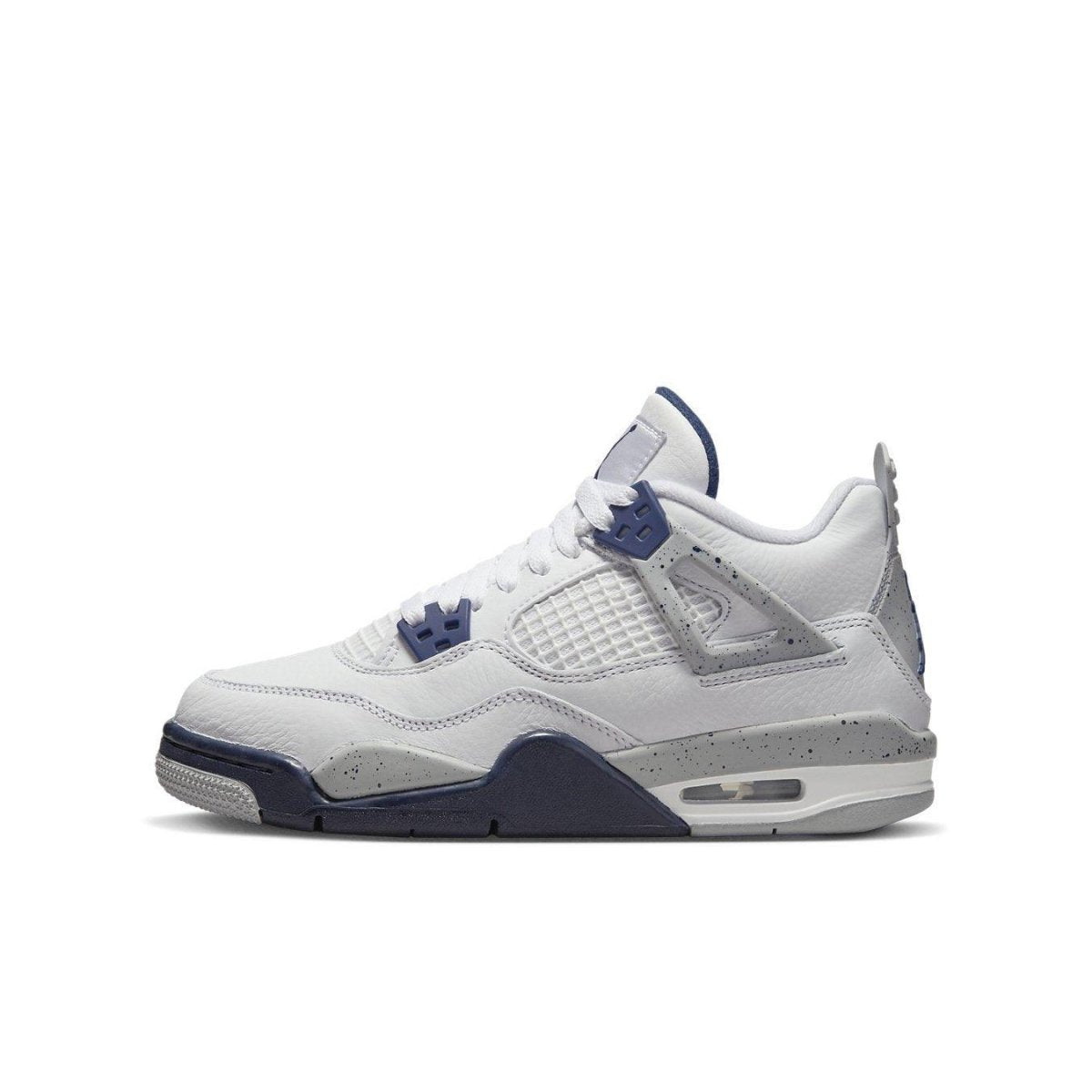 Jordan 4 Retro Midnight Navy (GS) sneaker in white leather with navy and grey accents.