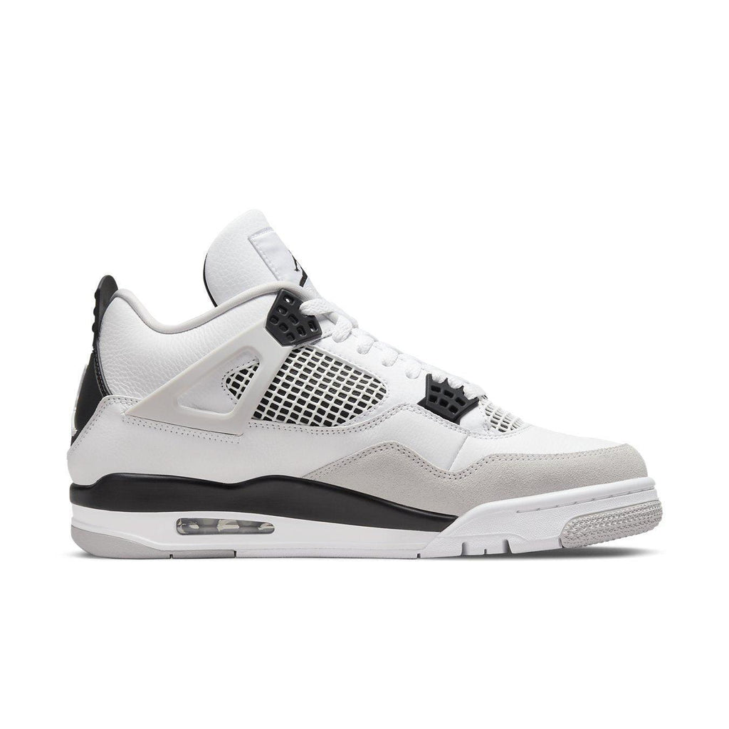 Jordan 4 Retro Military Black sneaker featuring smooth leather and textured nubuck, with breathable mesh details.