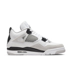 Jordan 4 Retro Military Black sneaker featuring smooth leather and textured nubuck, with breathable mesh details.