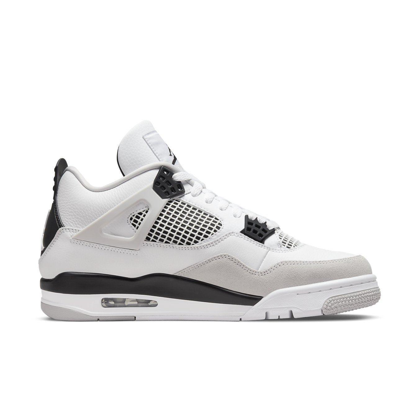 Jordan 4 Retro Military Black sneaker featuring smooth leather and textured nubuck, with breathable mesh details.