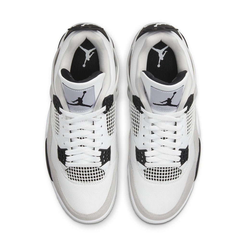 Top view of Jordan 4 Retro Military Black sneakers featuring leather and mesh design with Jumpman logo.