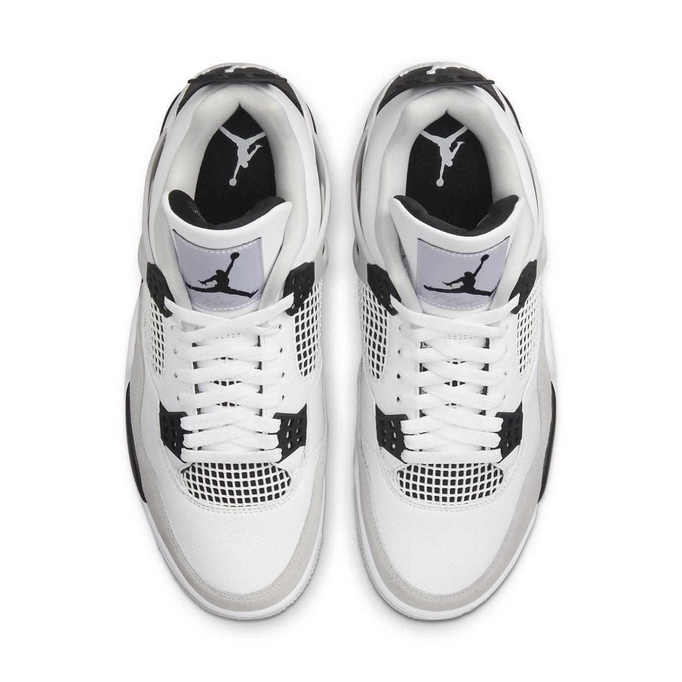 Top view of Jordan 4 Retro Military Black sneakers featuring leather and mesh design with Jumpman logo.