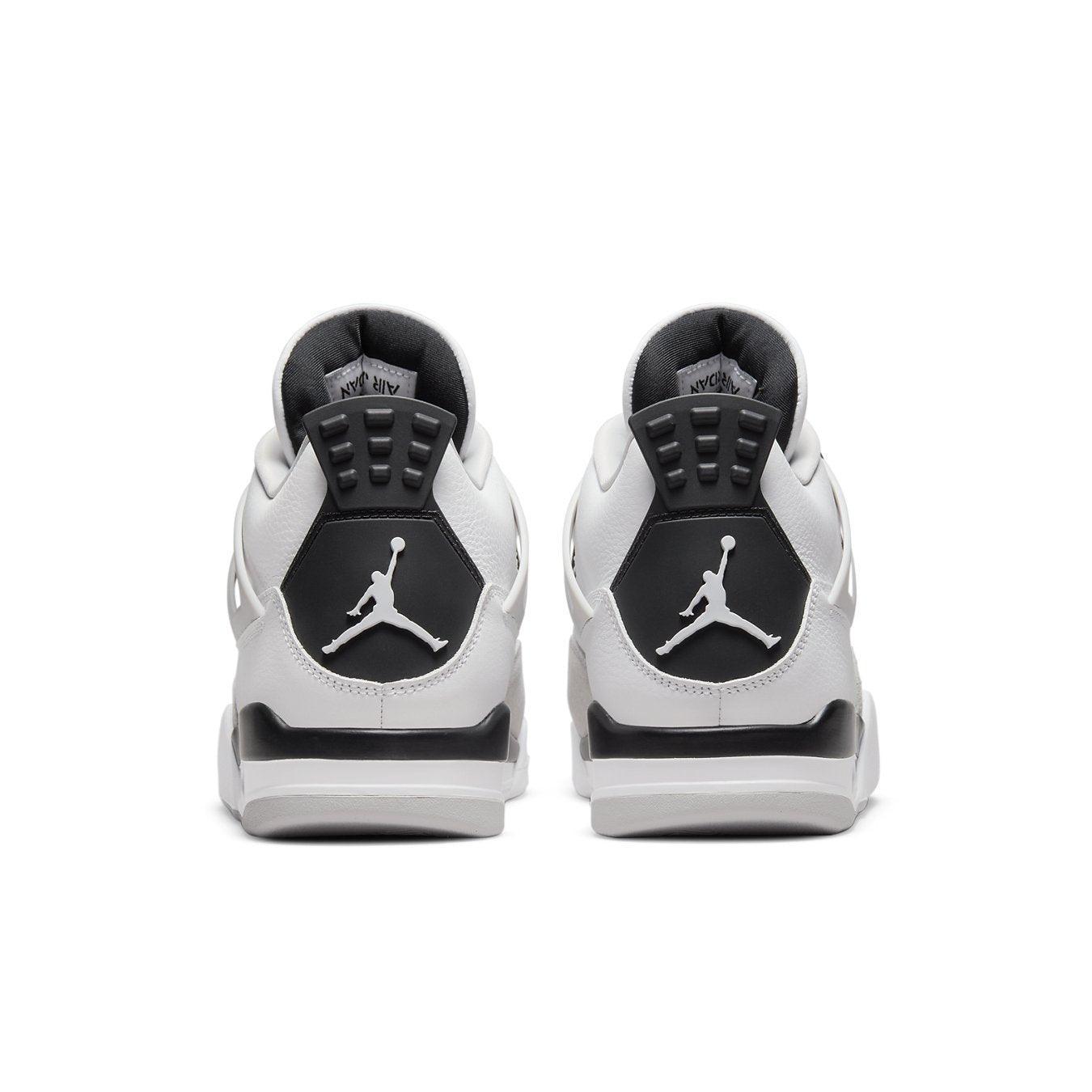 Rear view of Jordan 4 Retro Military Black sneakers featuring the iconic Jumpman logo.