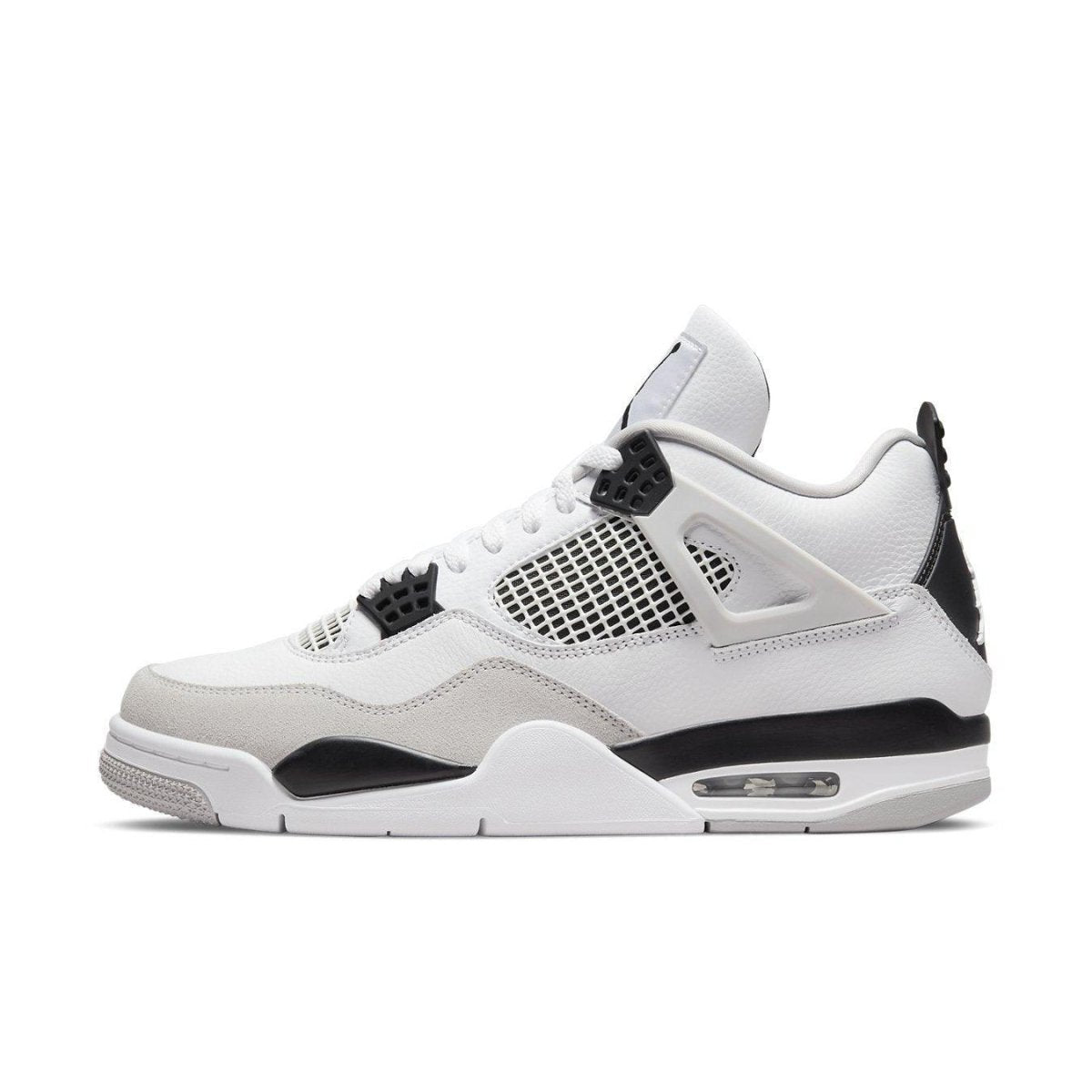 Jordan 4 Retro Military Black sneakers featuring smooth leather and mesh design for ventilation.