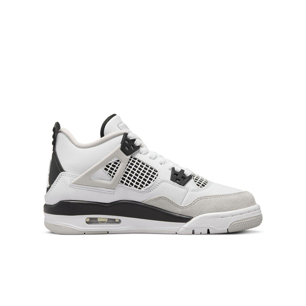 Air Jordan 4 Retro Military Black GS in white leather and grey suede with black accents, featuring classic design elements.
