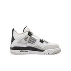 Air Jordan 4 Retro Military Black GS in white leather and grey suede with black accents, featuring classic design elements.