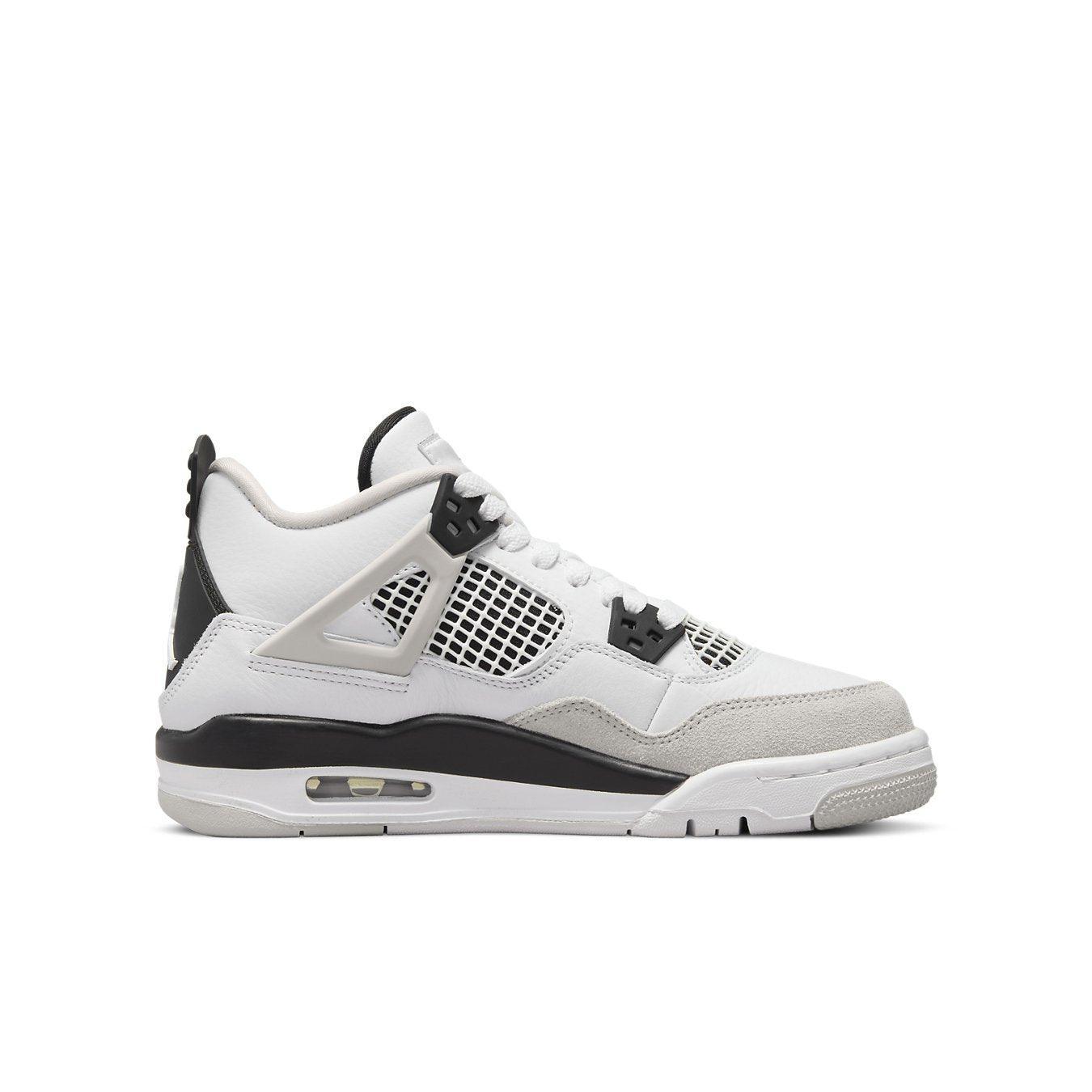 Air Jordan 4 Retro Military Black GS in white leather and grey suede with black accents, featuring classic design elements.