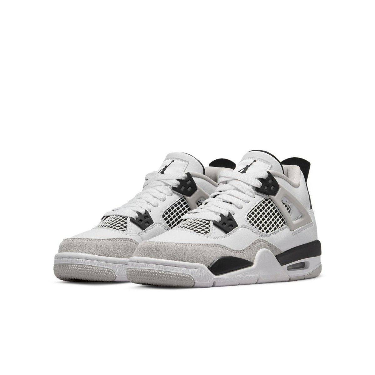 Air Jordan 4 Retro Military Black sneakers featuring smooth white leather and grey suede accents.