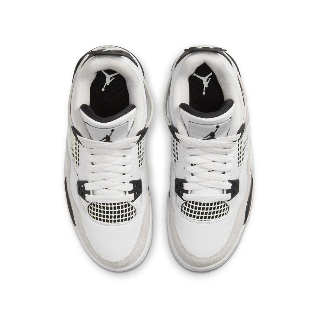 Air Jordan 4 Retro Military Black (GS) top view featuring white leather and grey suede accents.