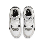 Air Jordan 4 Retro Military Black (GS) top view featuring white leather and grey suede accents.