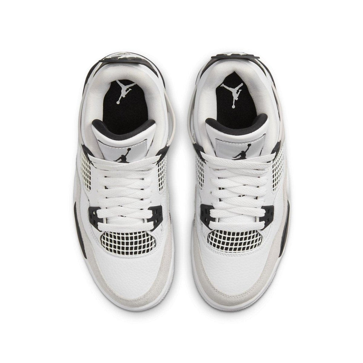 Air Jordan 4 Retro Military Black (GS) top view featuring white leather and grey suede accents.