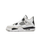 L'Air Jordan 4 Retro Military Black GS in white leather and gray suede with black accents and Jumpman logo.