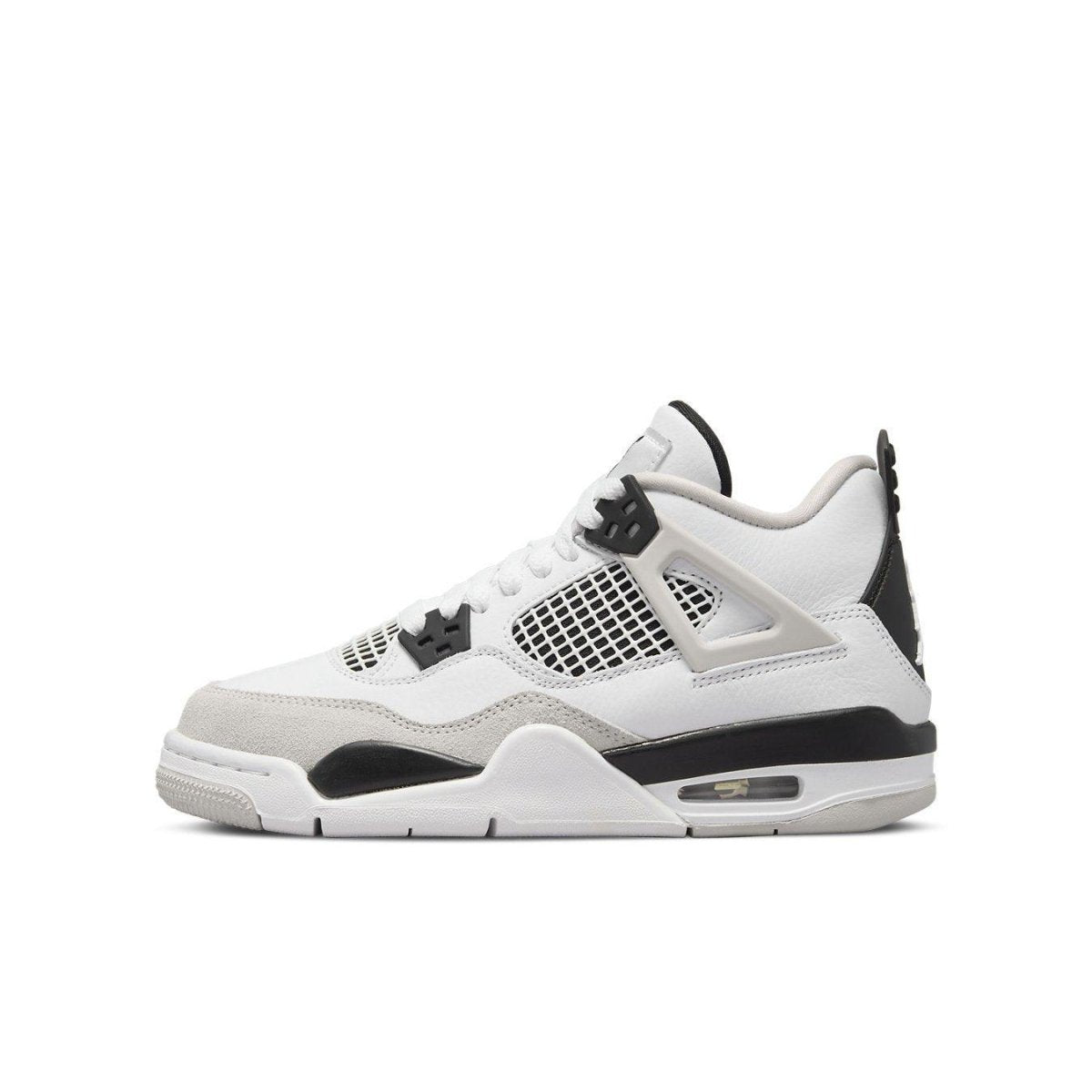 L'Air Jordan 4 Retro Military Black GS in white leather and gray suede with black accents and Jumpman logo.