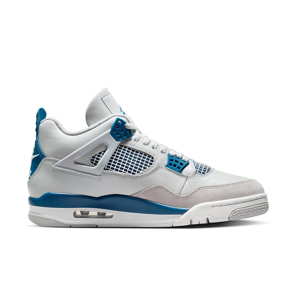 Jordan 4 Retro Military Blue (2024) featuring light ivory leather and breathable mesh design.