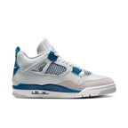 Jordan 4 Retro Military Blue (2024) featuring light ivory leather and breathable mesh design.