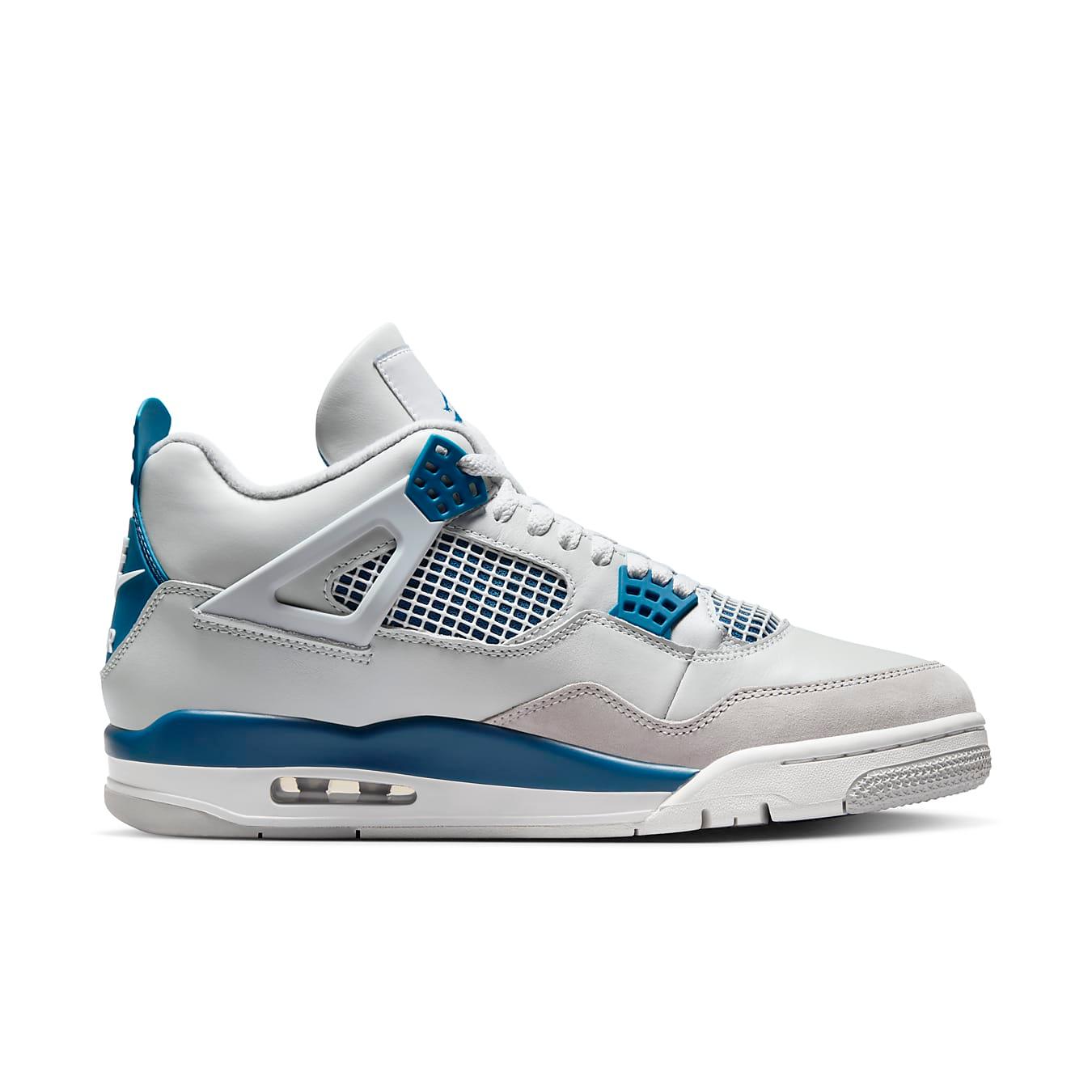 Jordan 4 Retro Military Blue (2024) featuring light ivory leather and breathable mesh design.